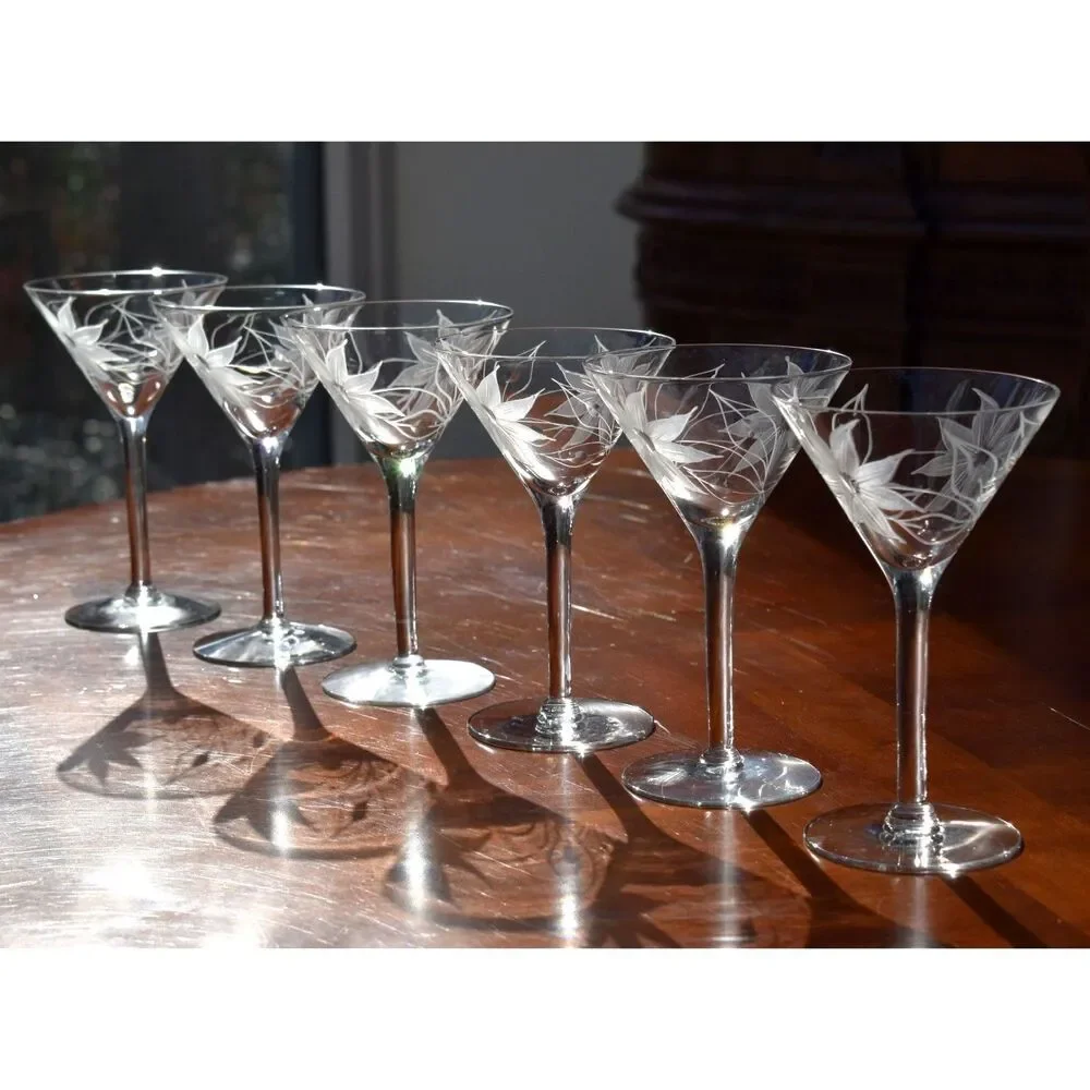 Set of 6 Hand-Blown & Etched Water Goblets – UNK257 Pattern